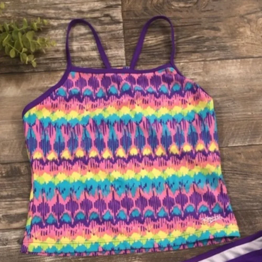 Speedo Purple, Blue, Yellow &Pink Rainbow Tankini sz Y 14 EUC